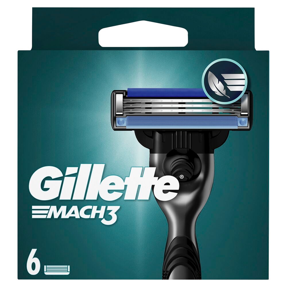 Herr Gillette Mach3 rakblad, 6-pack, i turkos förpackning visar svart handtag och blå rakblad.