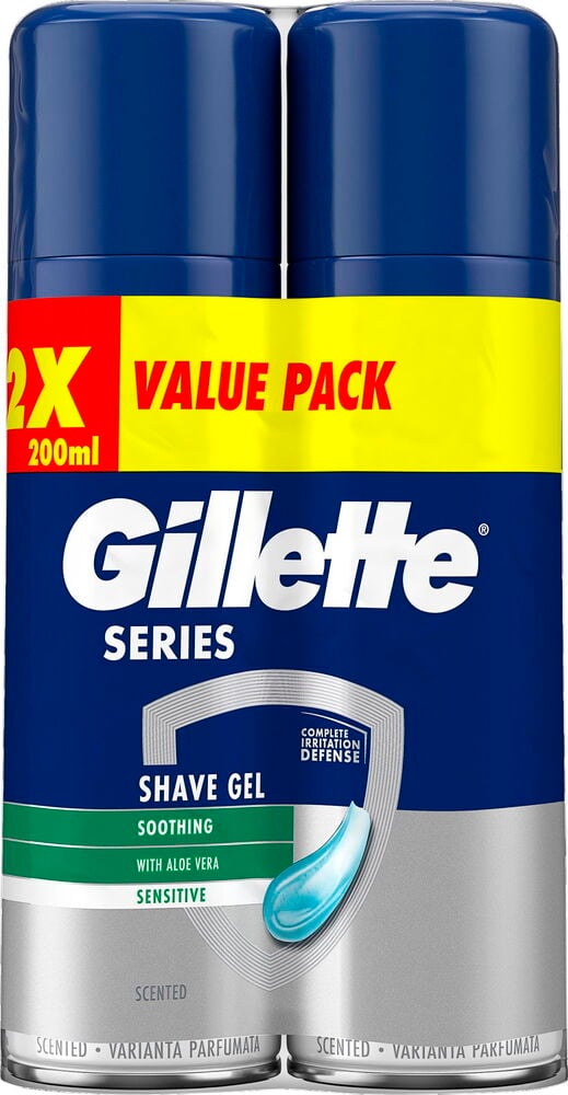 Två blå burkar Gillette rakgel för känslig hud.