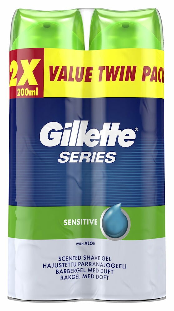 Två gröna rakgelsflaskor Gillette Series Sensitive Skin.