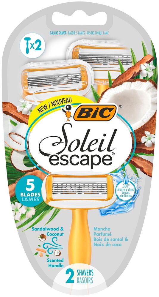 Två gula 5-bladiga Soleil Escape dam rakhyvlar med doftande sandelträ & kokos handtag i förpackning.