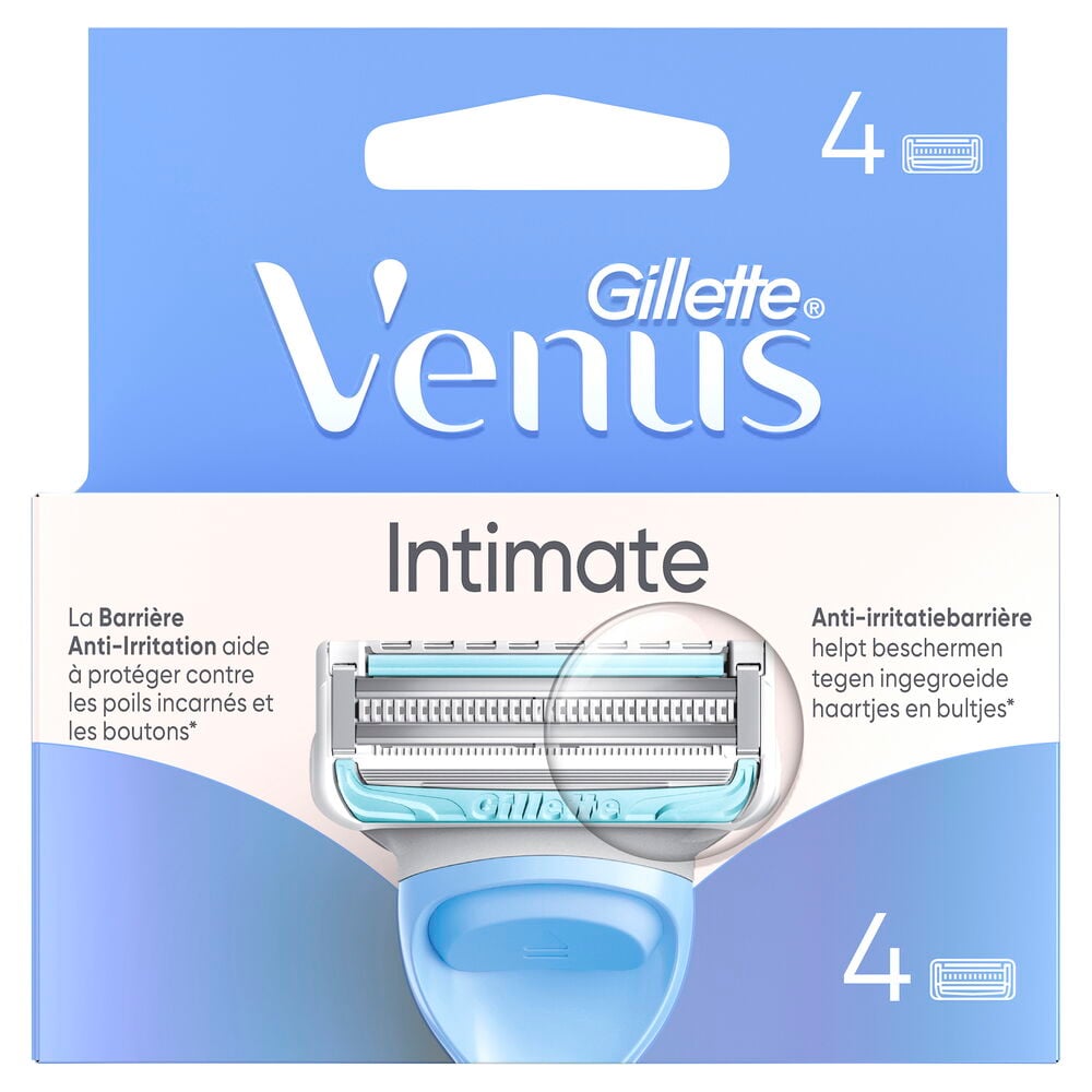Ett blått och vitt Gillette Venus Intimate 4-pack rakblad, visas på förpackningen.