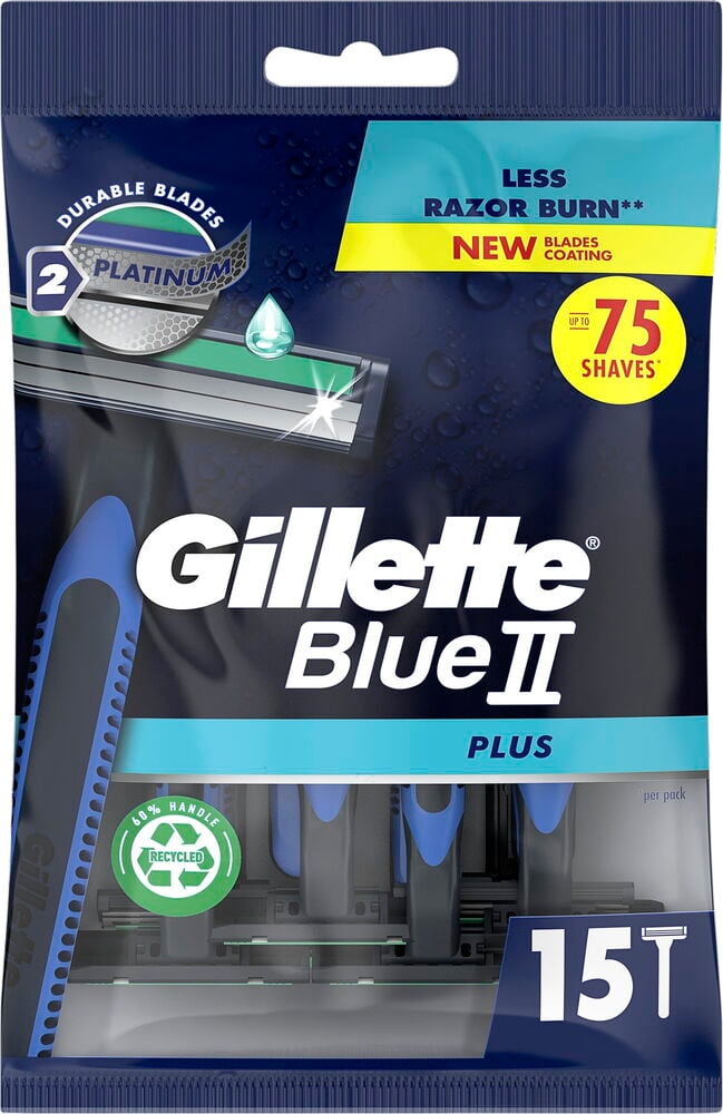 Blå förpackning med femton engångsrakhyvlar från Gillette.