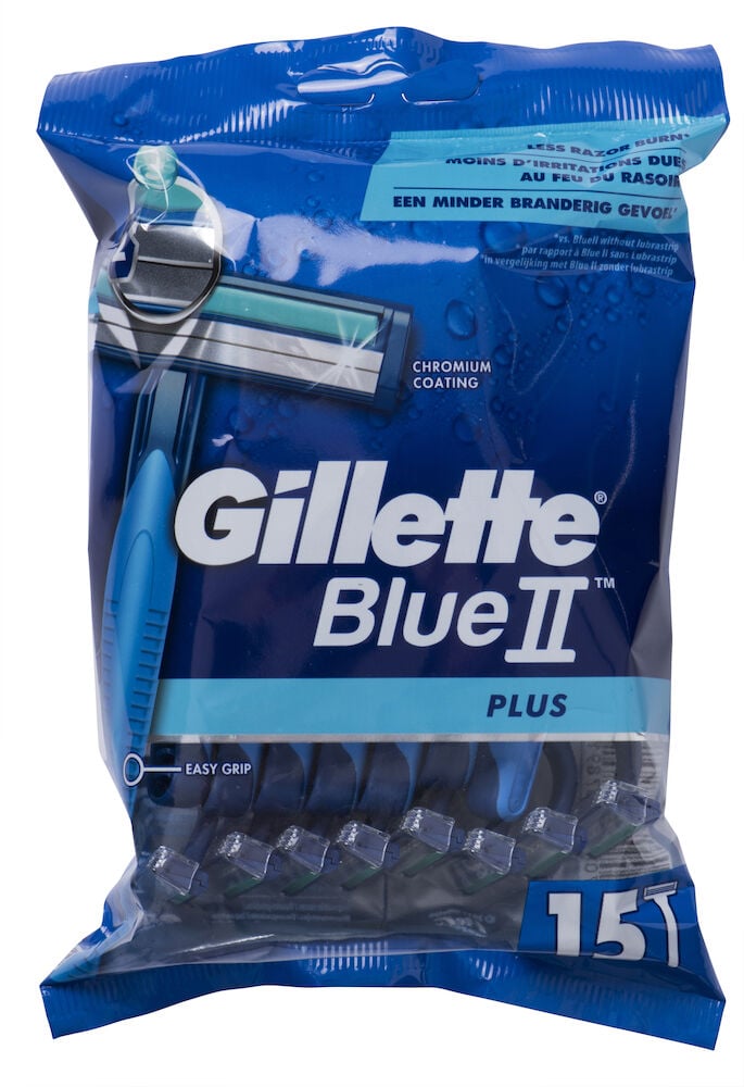Blå påse med femton Gillette engångsrakhyvlar för herr.