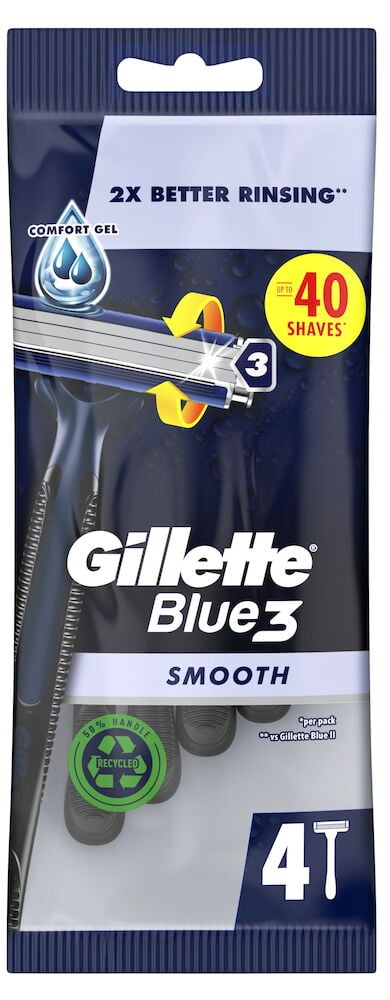 Fyra engångsrakhyvlar för män i blå förpackning.