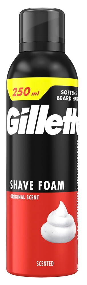En svart och röd Gillette 250 ml Original Scent rakskumflaska med svart lock.