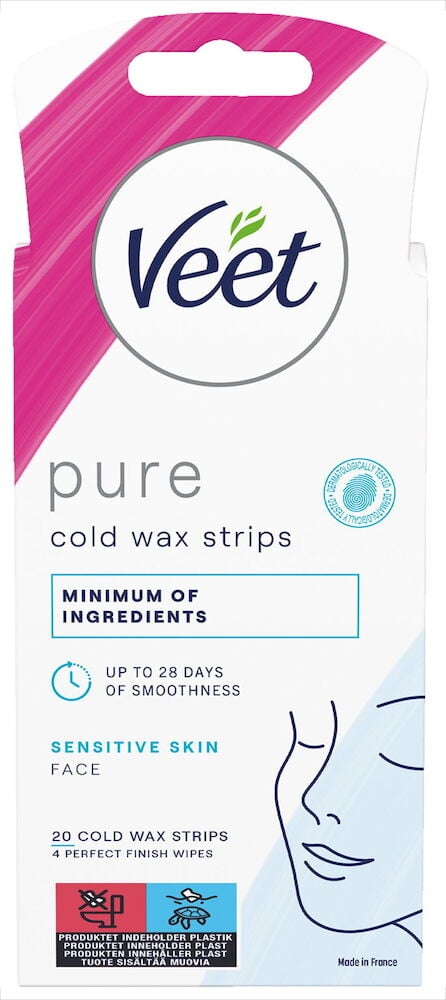 Förpackning av Veet Pure vaxremsor för ansikte.