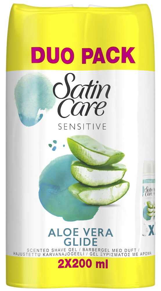 Två rakgelburkar med gul förpackning och aloe vera.