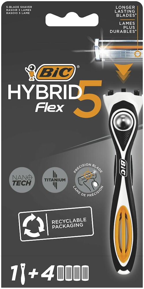 Svart och orange herrrakhyvel i förpackning med fyra blad.