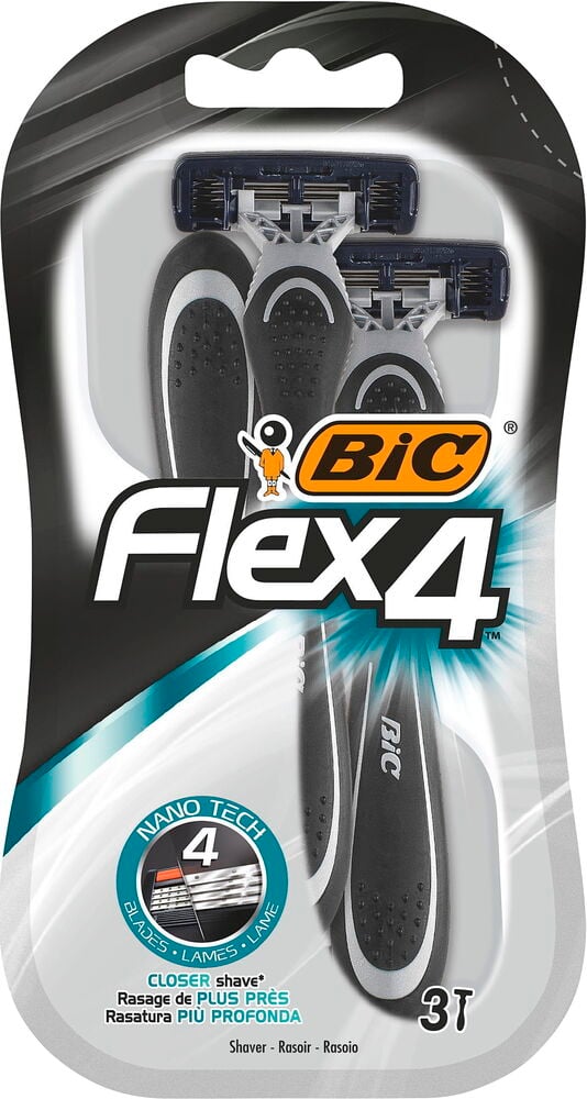 Tre Bic Flex 4 herr rakhyvlar med svarta och grå handtag, med mörkblå 4-bladiga huvuden.