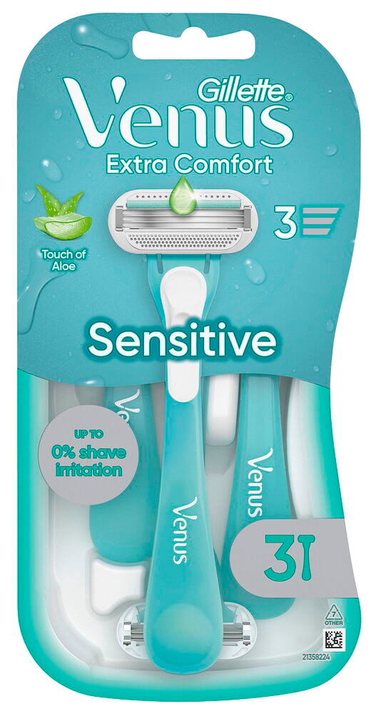 Rasierer, Damen Gillette Venus 3er-Pack Sensitive mit türkisen Griffen, weißen Greifflächen und Klingen in Verpackung.
