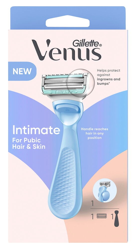 Ljusblå Gillette Venus Intimate rakhyvel för damer med flerbladigt huvud i ljusblå och rosa förpackning.