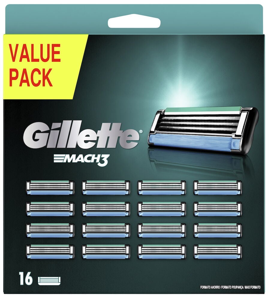 Pakkaus, jossa on kuusitoista Gillette Mach3 -partaterää miehille.