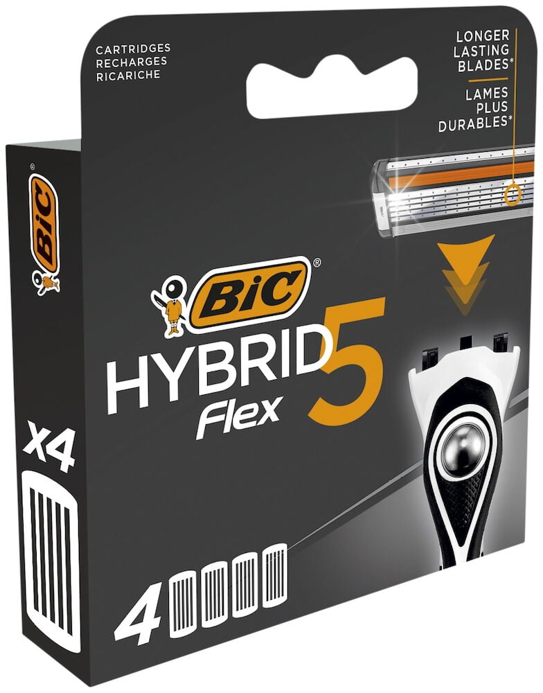 Förpackning med fyra BIC Hybrid 5 Flex rakblad.