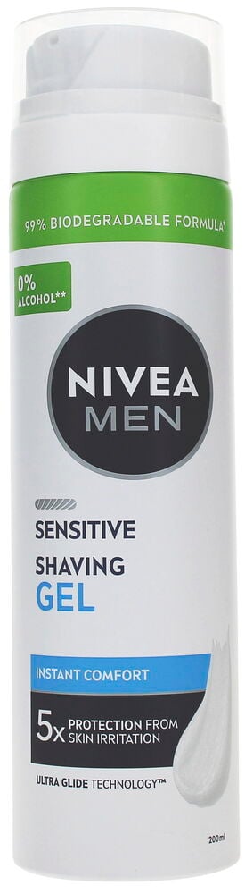 Rasiergel Nivea Men Sensitive, 200 ml, in weißer und grüner Flasche mit transparenter Kappe.