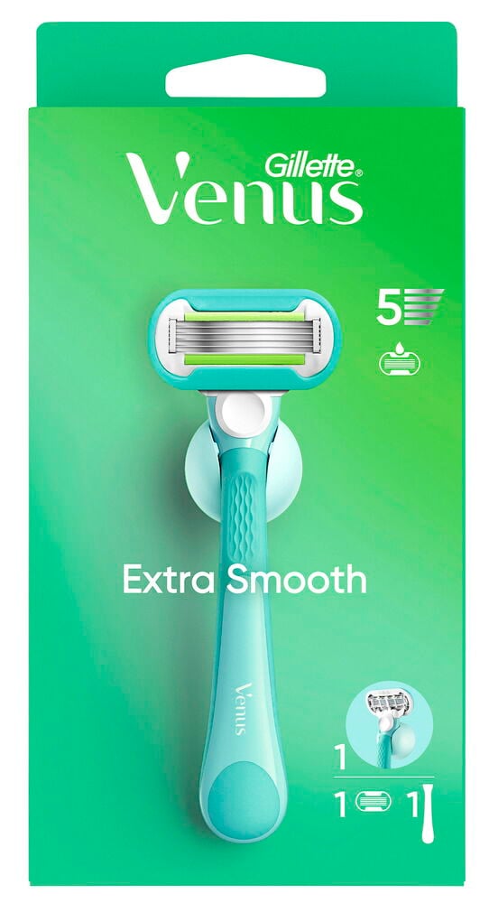 En grønn-pakket Gillette Venus Extra Smooth damebarberhøvel med ett håndtak, ett barberblad og en dusjkrok.