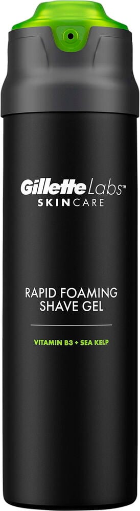 Musta partavaahtopurkki vihreällä muovikorkilla ja valkoisella tekstillä.