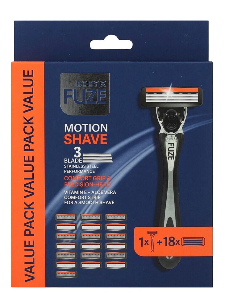 Body-x Fuze Men 19-pk Motion Shave barberbladsett for herre med ett håndtak og 18 refiller.