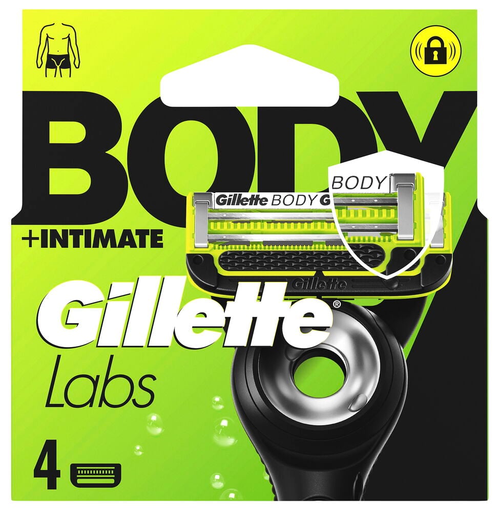 Ett grönt och svart 4-pack Gillette Labs Body + Intimate rakblad för män, visar en svart rakhyvel.