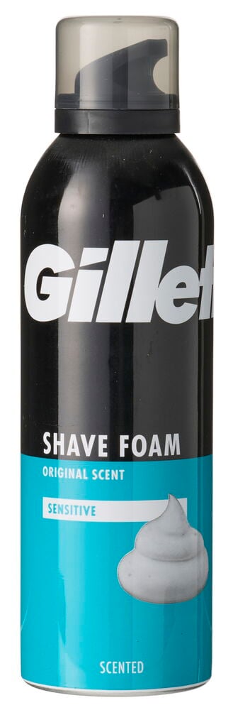 Eine schwarze und blaue Rasierschaum Gillette 200 ml Sensitive Dose mit dunkelgrauer Kappe.