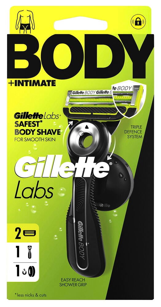 Gillette Labs herr Body + Intimate rakhyvel med svart handtag, två blad och en duschkrok.