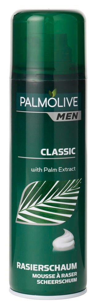 Grüne Rasierschaum Palmolive Men Classic Aerosoldose mit Palmblatt-Design und weißem Schaum.