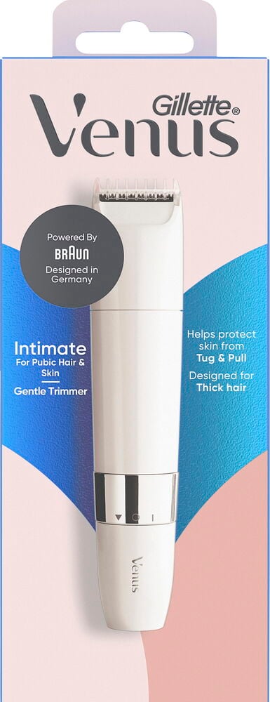 Vit Gillette Venus hårtrimmer i förpackning, Intimate för pubeshår och hud, skyddar mot ryck, för tjockt hår.