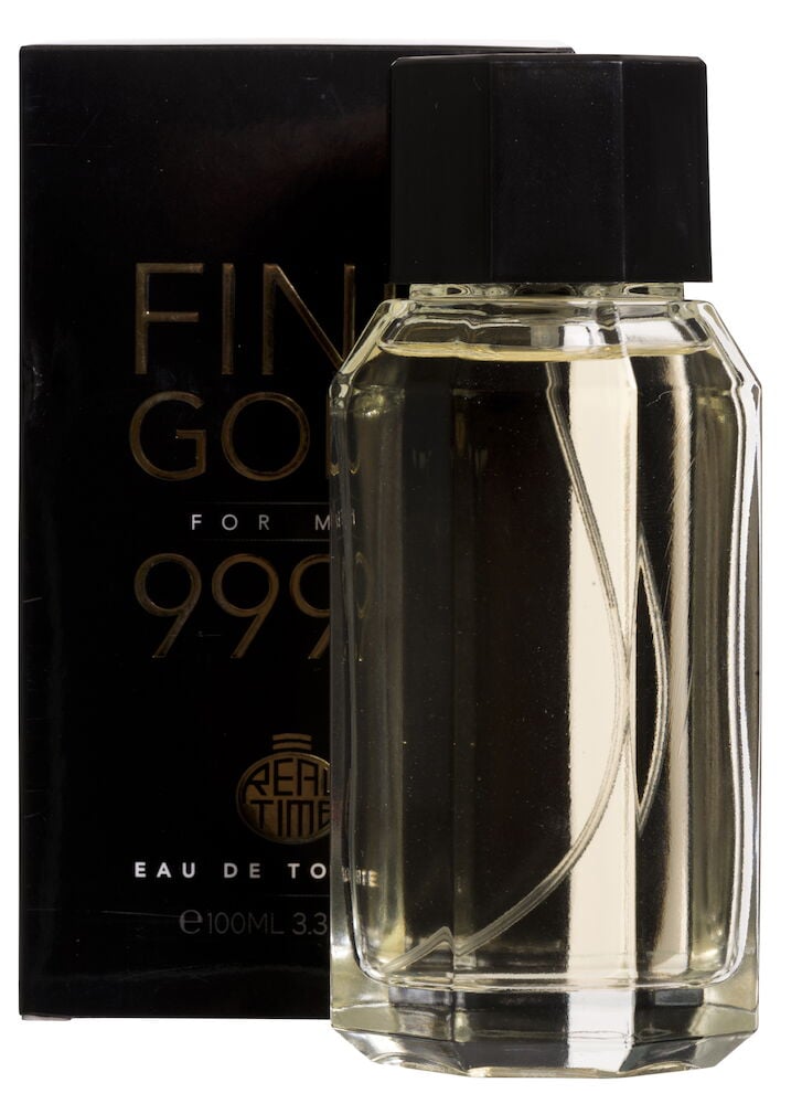 Nelikulmainen hajuvesipullo, jossa on musta korkki laatikon edessä.