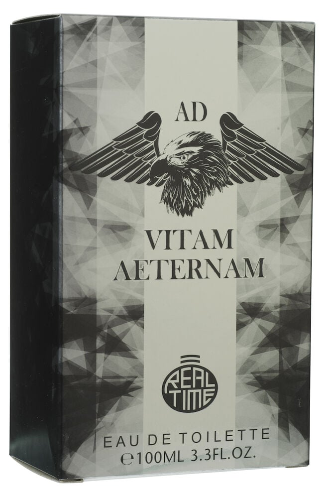 Mustavalkoinen hajuvesipakkaus, jossa kotka ja teksti.