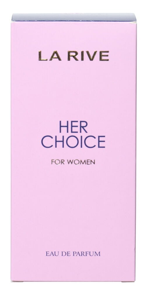Ruusunvärinen hajuvesipakkaus, jossa on teksti La Rive Her Choice.