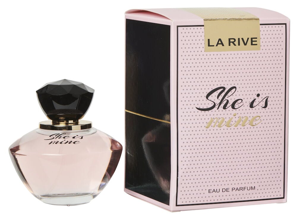 Rosa parfymflaska med svart lock och tillhörande ask.