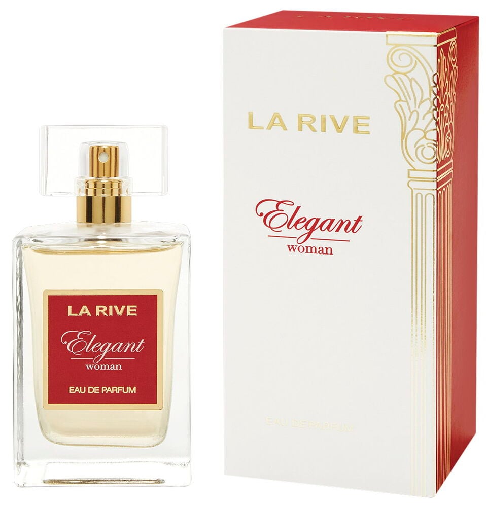 Suorakulmainen hajuvesipullo, jossa on punainen ja valkoinen laatikko.