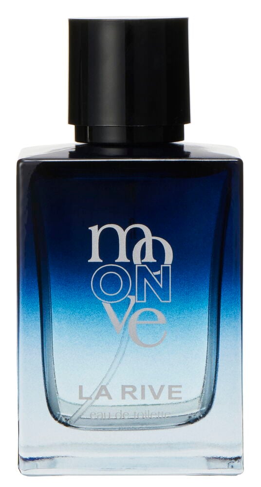 Suorakaiteen muotoinen hajuvesipullo, sininen ja musta korkki.