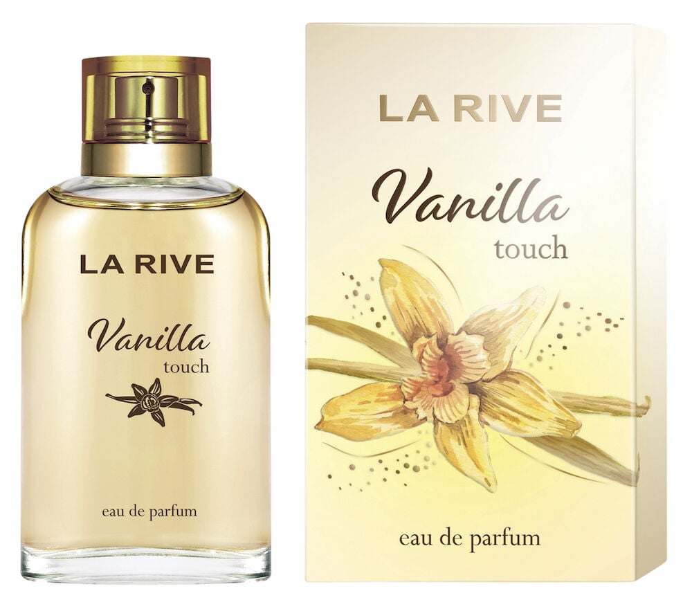 Parfyymipullo, jossa kultainen korkki ja vaniljakukan kuvalla varustettu laatikko.