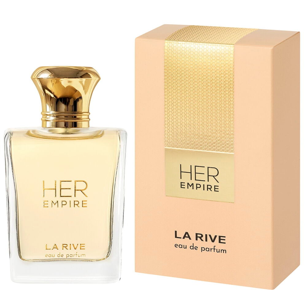 Eau de Parfum La Rive 90 ml Vanilla Her Empire flaske og lys ferskenfarget eske, begge med gullfargede detaljer.