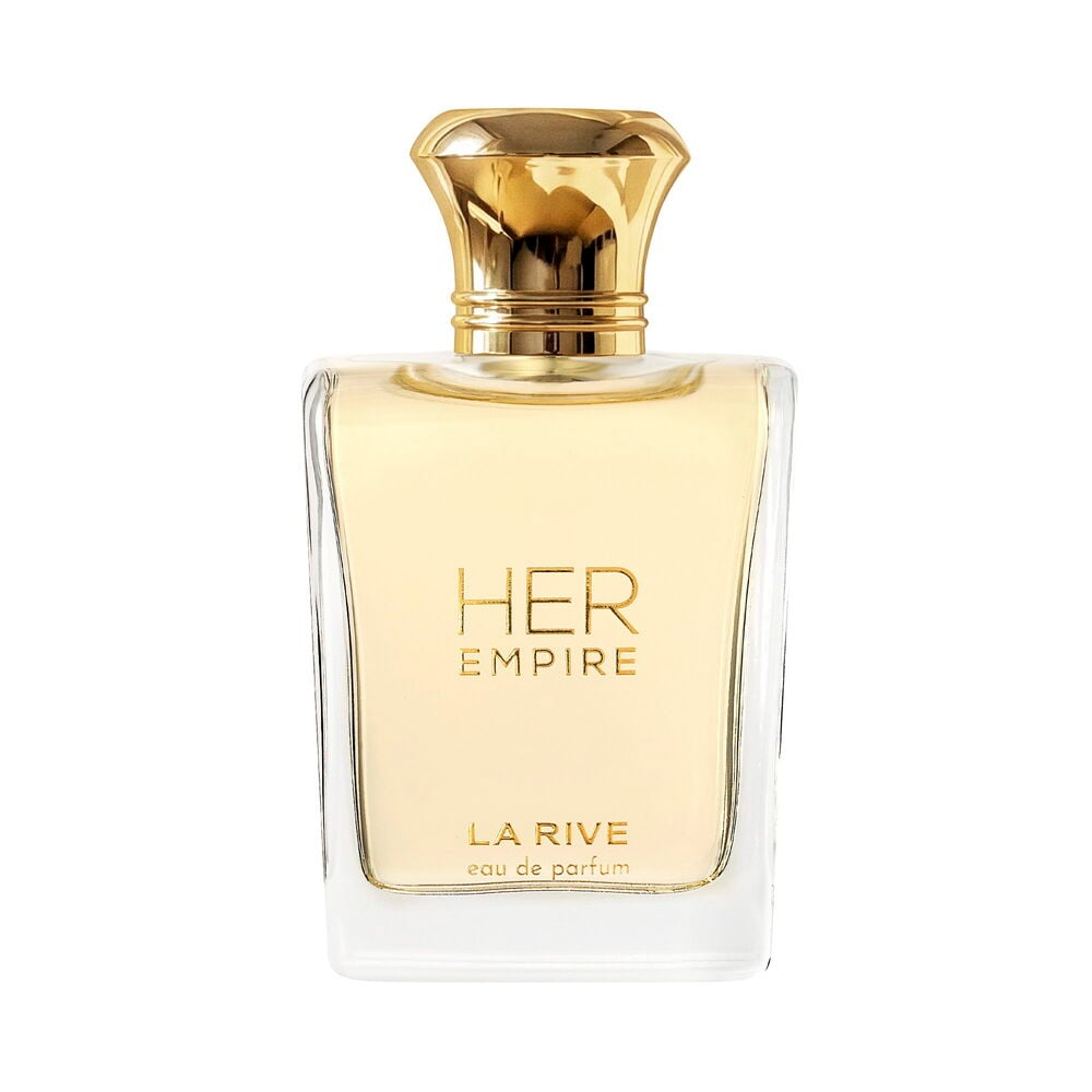 Eau de Parfum La Rive Her Empire i en klar rektangulær glassflaske med en gyllen kork.