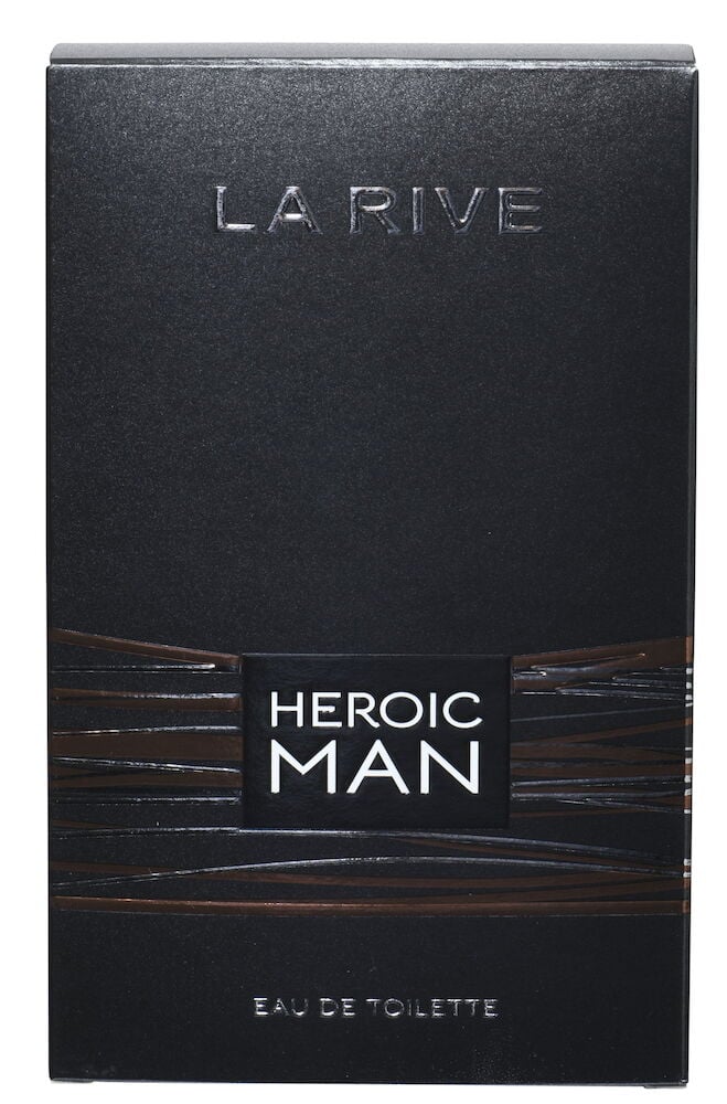 Musta parfyymipullo tekstillä Heroic Man.