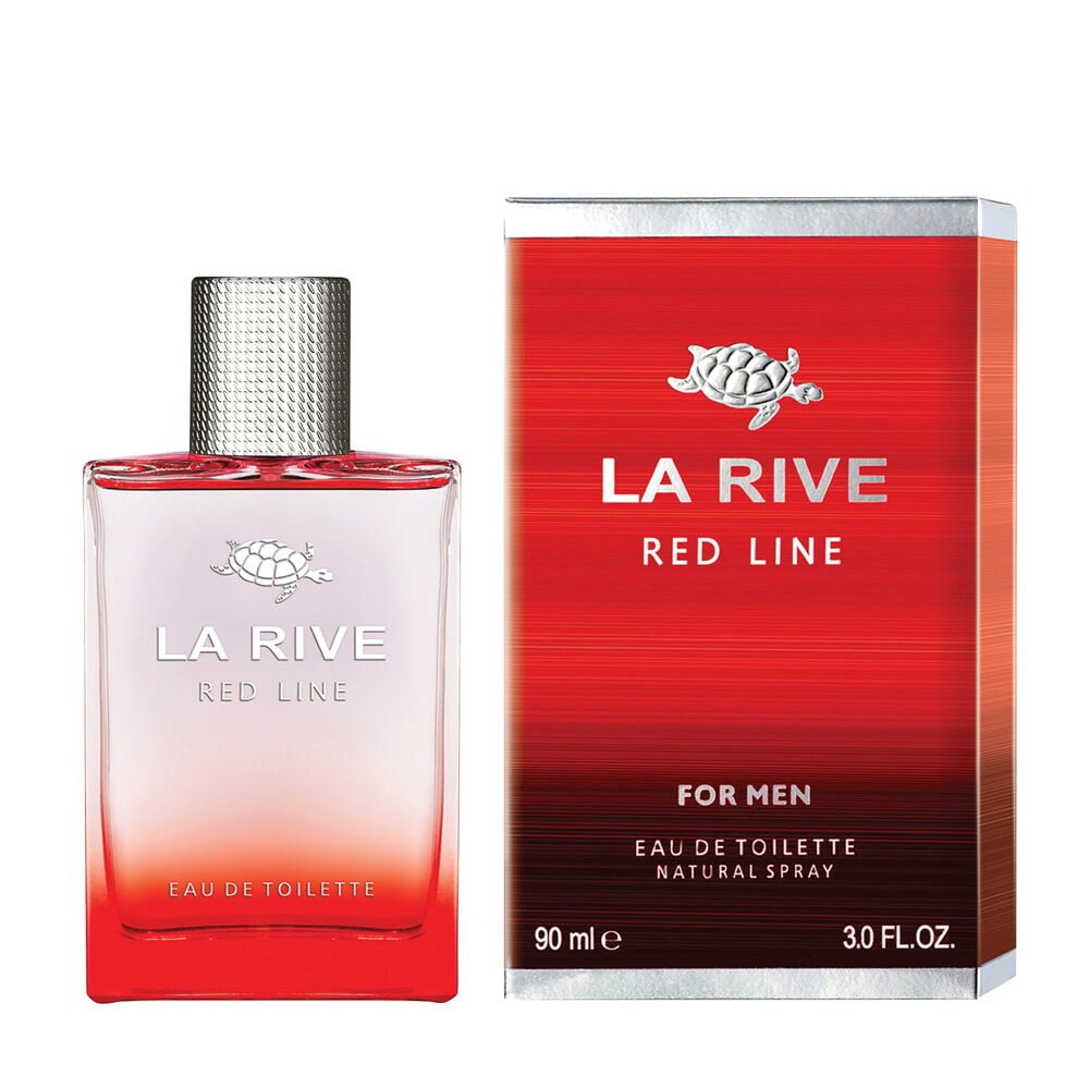 Red Line Eau de Toilette for menn, 90 ml, klar flaske med rød væske, ved siden av en matchende rød eske.