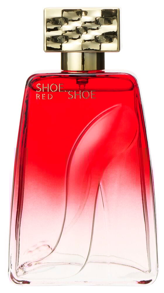 Punainen hajuvesipullo lasista, jossa on kullanvärinen korkki.