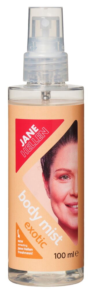 Transparent plastflaska med spray och orange etikett.