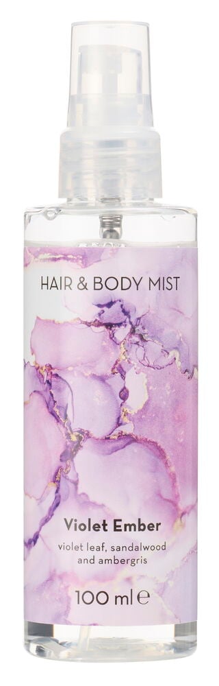 Body Mist 100 ml Violet Ember, en klar sprayflaske med lilla og gull marmorert etikett.