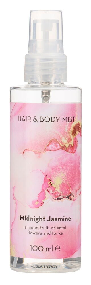 Body Mist 100 ml Midnight Jasmine i en klar flaske med rosa og gulletikett, forfra.