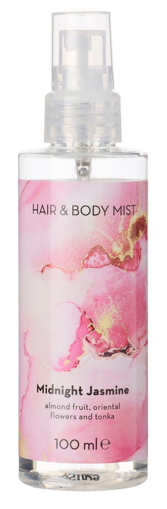 En klar flaske Body Mist 100 ml Midnight Jasmine med rosa og gull abstrakt mønsteretikett.