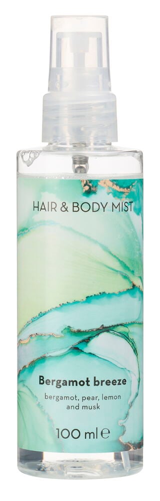 Body Mist 100 ml Bergamot Breeze i klar sprayflaske med grønn og blå etikett.