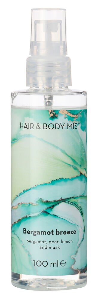 Body Mist 100 ml Bergamot Breeze i en klar sylinderformet flaske med grønt og blått abstrakt design.