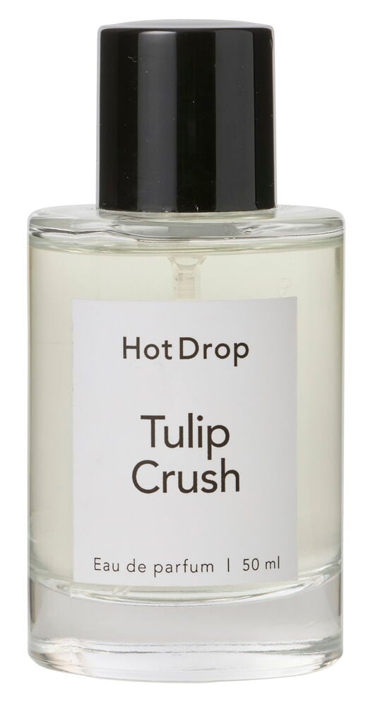 Eau de Parfum HotDrop 50 ml Tulip Crush, en klar glassflaske med svart kork og hvit etikett.