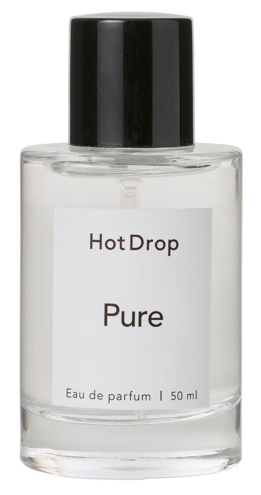 Klar glasflaska med Eau de Parfum HotDrop Pure 50 ml, svart kork och vit etikett.
