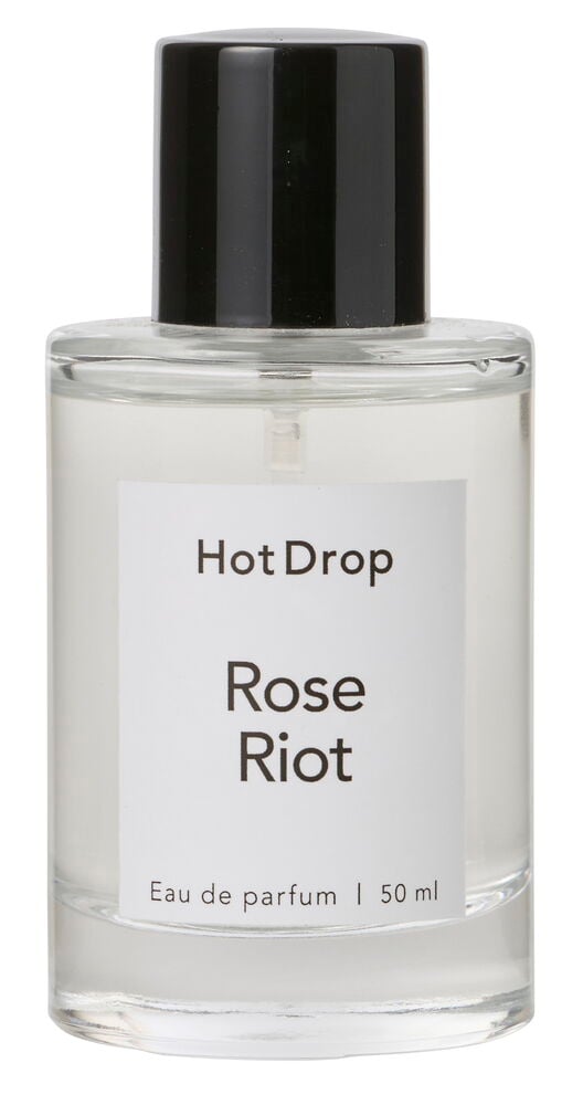 Eau de Parfum HotDrop 50 ml Rose Riot, en klar glassflaske med svart kork og hvit etikett.
