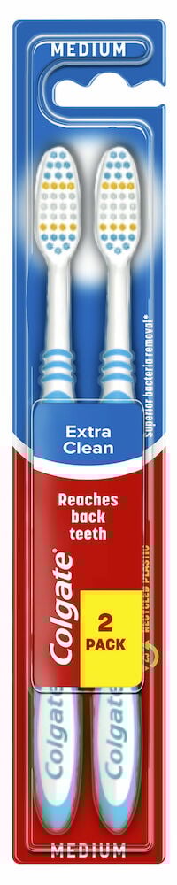 Två Colgate tandborstar medium i färgglad förpackning.