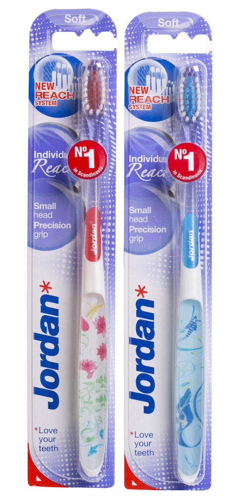 To pakket tannbørster Jordan, mønstrede håndtak, myk bust.