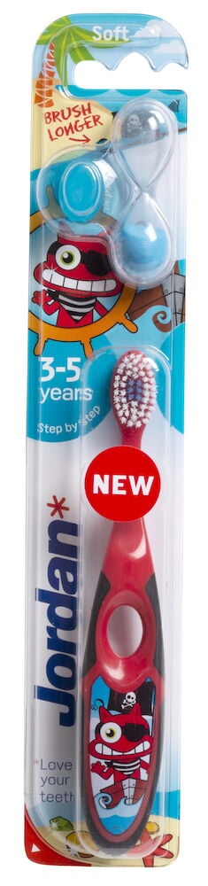 Röd barntandborste med tecknat motiv och hållare.